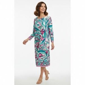 Retro Resort Swirl Floral Midi Dress 2X Aqua Pink Psychedelic Maximalist 60s 70s